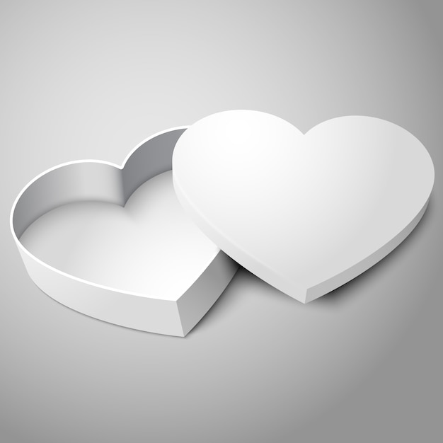 Vector realista en blanco blanco abrió el cuadro de forma de corazón aislado sobre fondo gris. para su día de san valentín, boda o amor presenta diseño.