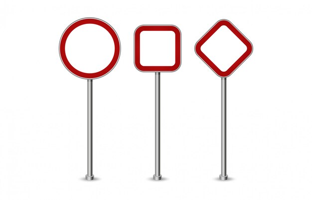 Realista en blanco rojo calle y señales de tráfico aisladas. Conjunto de señal de tráfico de la calle, ilustración de dirección de señal de carretera