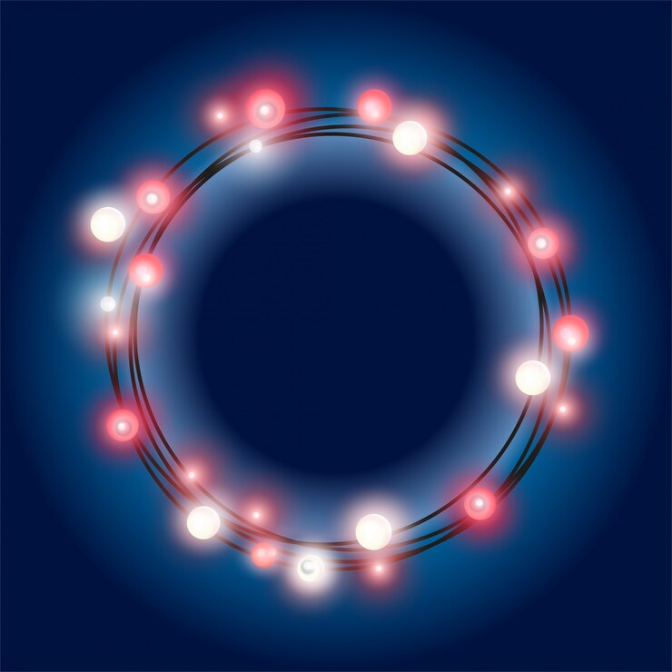 Vector realista cadena redonda brillante de guirnalda de navidad hecha de lámparas rojas incandescentes sobre fondo azul oscuro