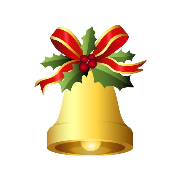 Realista campana de Navidad colgando de cinta roja y hojas de bayas de acebo decoración