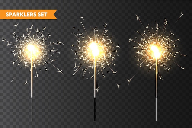 Realista colección de chispas de Navidad en fondo transparente efecto de fuego bengal festivo brillante