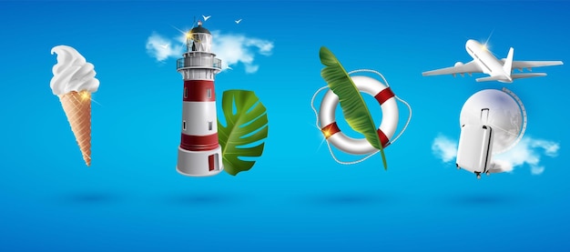 Realista d vector verano vacaciones símbolos objetos conjunto vacaciones realista iconos conjunto con tropical le