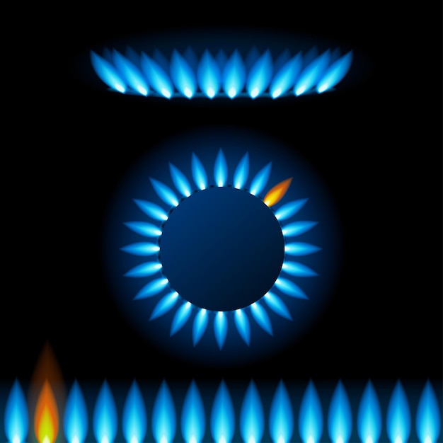 Realista detallada cocina de llama de gas natural 3d con efecto de reflejos azules vista diferente conjunto superior lateral e ilustración vectorial de línea