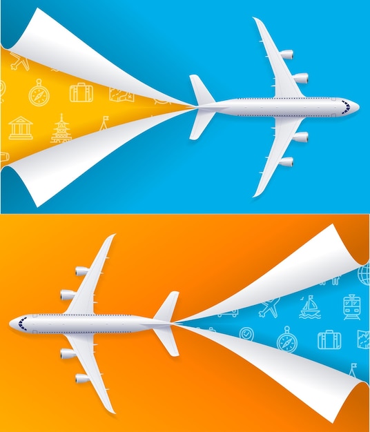 Realista detallado 3d avión concepto de viaje flyer banners carteles conjunto de tarjetas vector