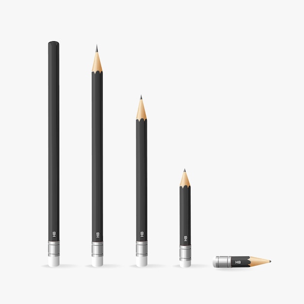 Realista detallado 3d Black Sharp Lead Pencil con goma de borrar en el extremo trasero Vector Set