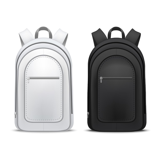 Vector realista, detallado, 3d, blanco y negro, mochilas escolares en blanco, plantilla vacía, conjunto de maquetas, ilustración vectorial de mochila simulada