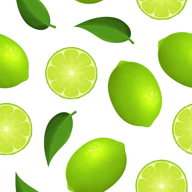 Realista detallado 3d frutas verdes maduras enteras lima y rodajas fondo de patrón sin costuras en una ilustración vectorial blanca de cítricos frescos y la mitad