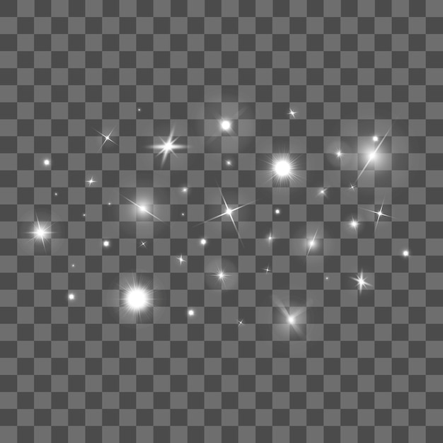 Realista detallado 3d luz brillante o haz conjunto de estrellas y chispas en un fondo transparente elementos decorativos para la ilustración vectorial web de luces