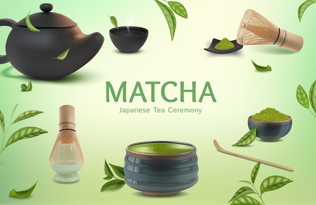 Realista detallado 3d Matcha Ceremonia del té japonesa Anuncios en polvo Banner Concepto Cartel de cartel Vector