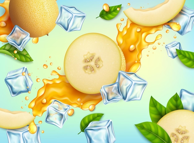 Realista detallado 3d medio melón fresco con salpicaduras de jugo frescura bebida concepto de fondo vector