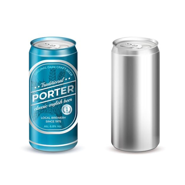 Realista detallado 3d vacío plantilla Mockup lata de aluminio y con etiqueta de cerveza Vector Set