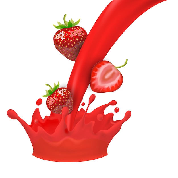 Realista detallado fresa roja en 3D con vector de jugo de salpicaduras