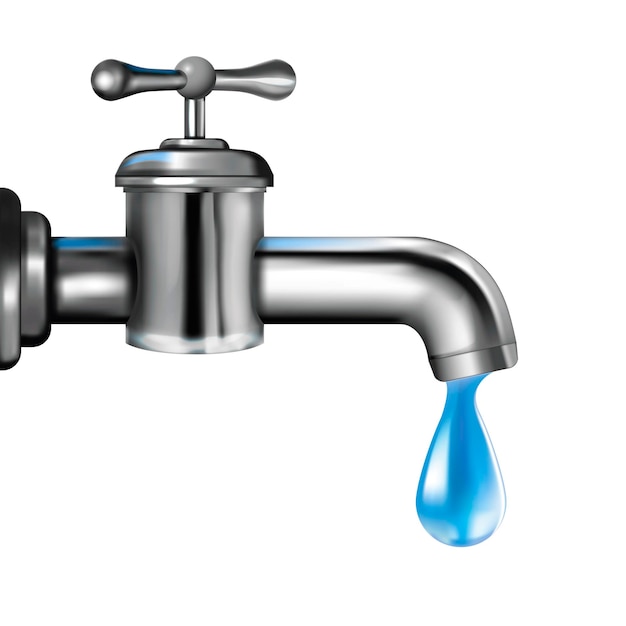 Realista detallado grifo de agua metálico 3d con vector de gota azul