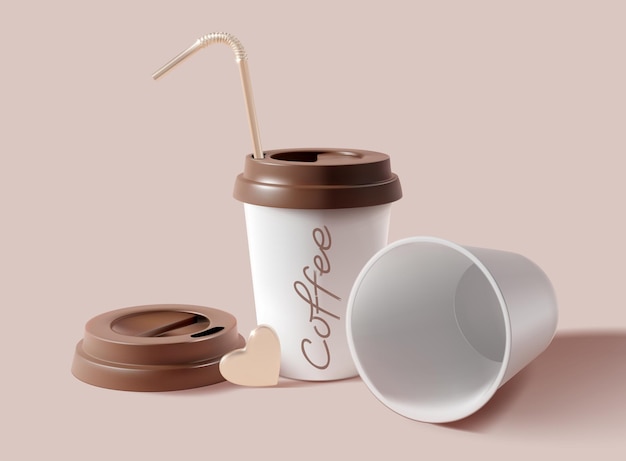 Realista detallado taza de café de papel 3d llena y vacía conjunto de taza desechable portátil