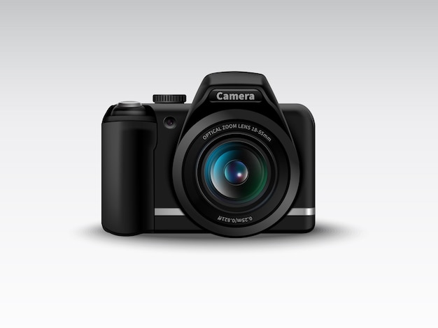Realista DSLR cámara fotográfica digital vectorial vista lateral delantera de la cámara con lente perfecto para la fotografía