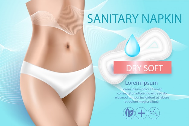 Vector realista hermoso cuerpo femenino delgado en lencería blanca. publicidad de servilletas sanitarias