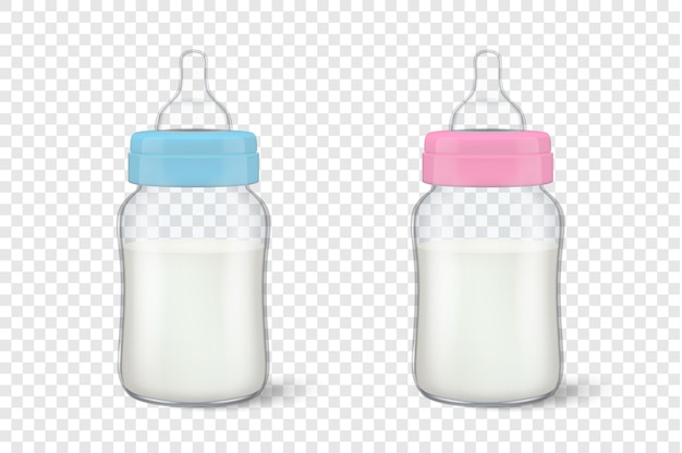 Realista leche materna de la madre del bebé en dos botellas de leche de bebé para niño - azul - y niña - rosa - conjunto de iconos closeup aislado. plantilla de diseño de recipiente de leche estéril, maqueta para gráficos.