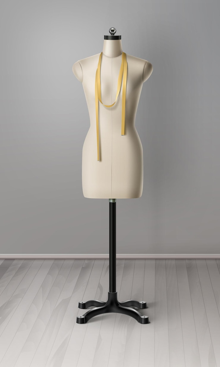 Vector realista de maniquí para taller de costura. espacio de trabajo con cinta métrica y maniquí.