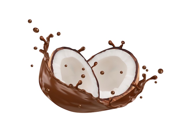 Vector realista nuez de coco y leche de chocolate remolino flujo de salpicaduras vector 3d cocos mitades con carne blanca suave y líquido marrón salpicando planta tropical aislada con dulce derretimiento cacao producto natural