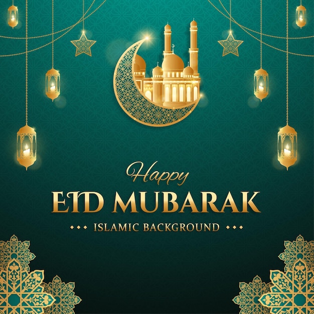 Realista plantilla de publicación de Eid Mubarak en las redes sociales con luna creciente y linternas de velas