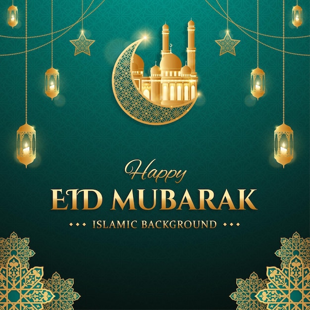 Vector realista plantilla de publicación de eid mubarak en las redes sociales con luna creciente y linternas de velas