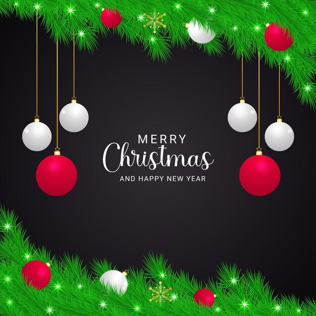 Vector realista publicación de la hoja verde de navidad en las redes sociales con bolas rojas y blancas con luces y copos de nieve con fondo negro