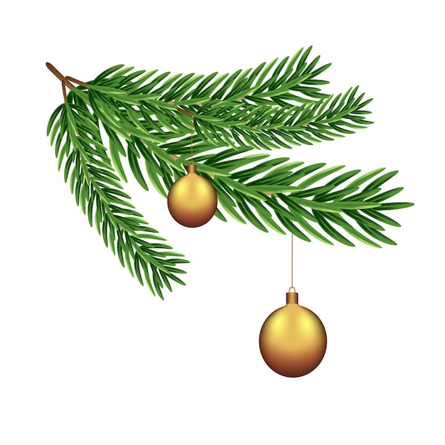Realista rama del árbol de Navidad con bolas de oro para la decoración