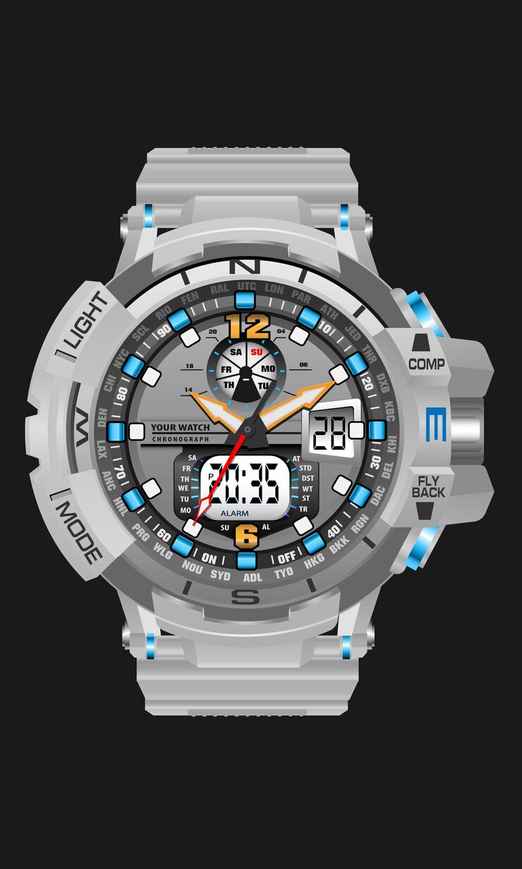 Vector realista reloj blanco reloj deporte cronógrafo digital hombres diseño moderno gris oscuro fondo vector