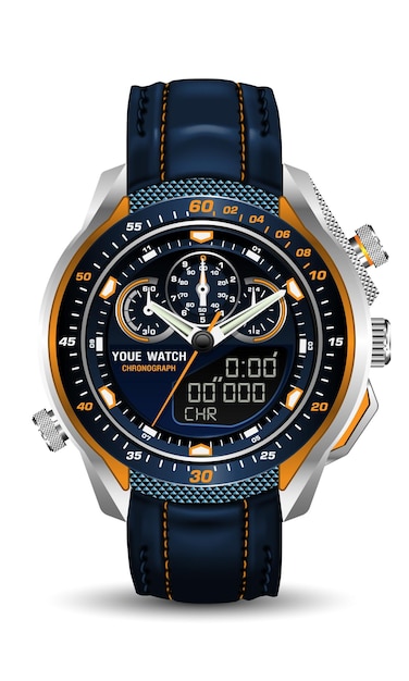 Realista reloj naranja azul reloj correa de cuero negro plateado en diseño gris vector de lujo clásico