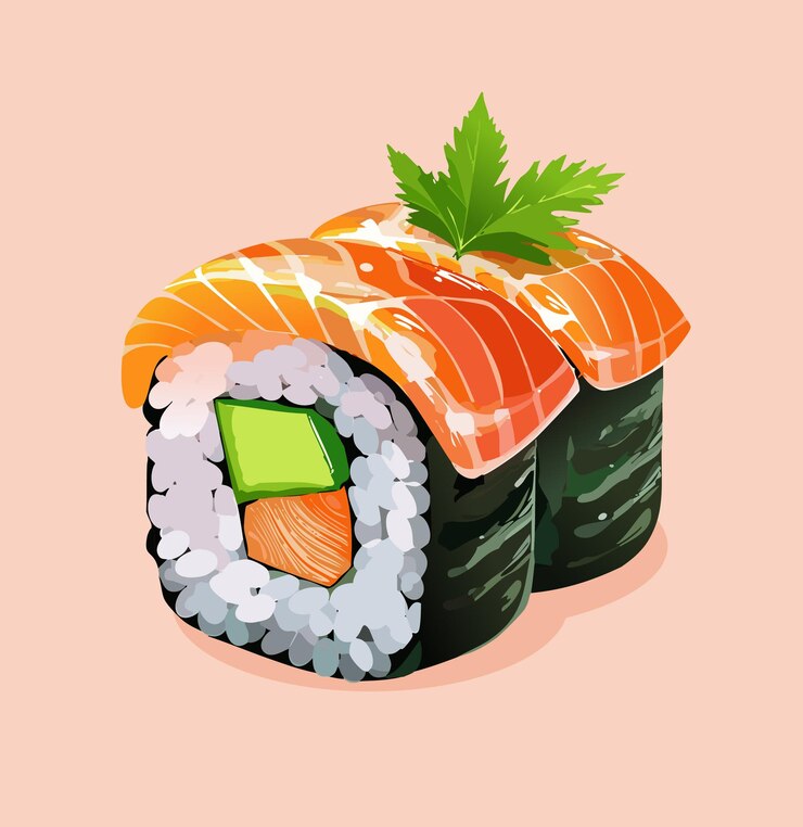 Realista rollo de sushi de salmón y aguacate japonés
