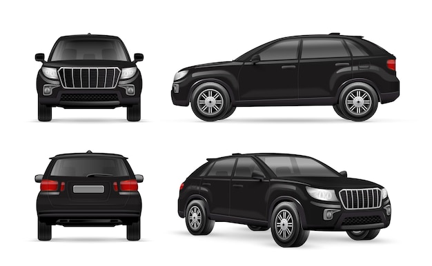 Realista SUV negro 3D rover coche 4x4 modelo de automóvil de vista lateral trasera nuevo concepto de crossover automóviles de lujo modernos modelo de proyecto de conducción deportiva ilustración vectorial actual