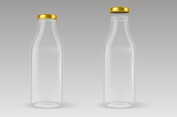 Vector realista, transparente, cerrado, vacío, vidrio, botella de leche, con, dorado, tapa, primer plano, aislado