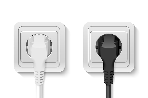 Realista Vector 3d Enchufe blanco y negro insertado en un conjunto de enchufe de pared Primer plano aislado en blanco Plantilla de diseño de enchufe en el dispositivo de cable eléctrico de líneas eléctricas para conectar electricidad