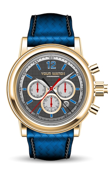 Realista vector reloj reloj cronógrafo oro azul metal rojo flecha cuero tejido tira correa blanco