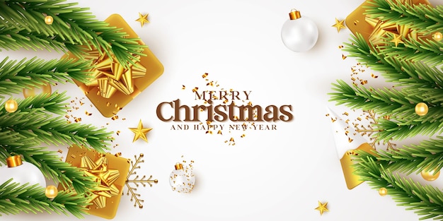 Realista vista superior diseño de fondo de Navidad feliz con caja de regalo de color dorado bola de Navidad y árbol