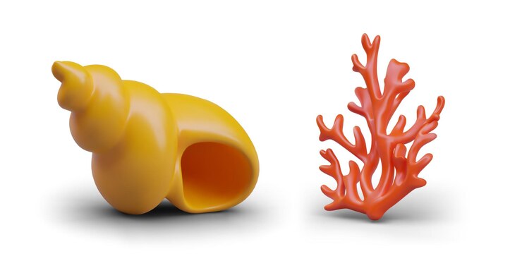 Vector realistas conchas marinas subacuáticas retorcidas y hermosos corales rojos