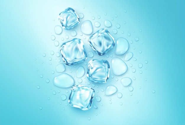 Realistas cubitos de hielo y gotas de agua sobre un fondo azul. Vista superior de la fusión de cubitos de hielo. Ilustración de vector EPS10