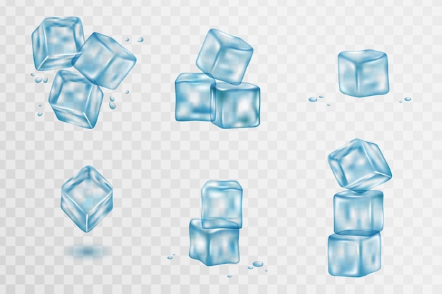 Vector realistas cubitos de hielo sólido azul sobre fondo transparente. colección blue ice, aislada, refresca.