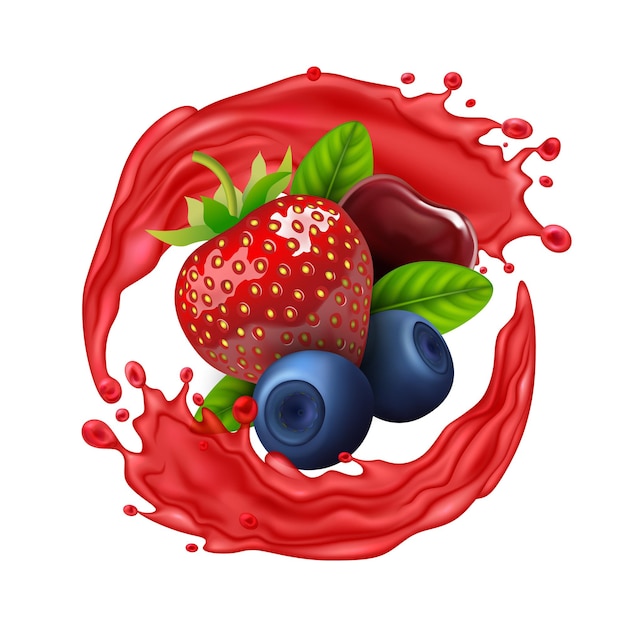Realistas detalladas bayas crudas en 3D con vector de jugo de salpicaduras
