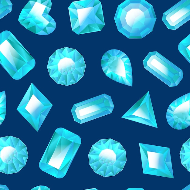 Realistas detalladas joyas azules 3d patrón sin costuras fondo diferentes tipos de gemas o cristales para joyas de lujo ilustración vectorial de piedras preciosas