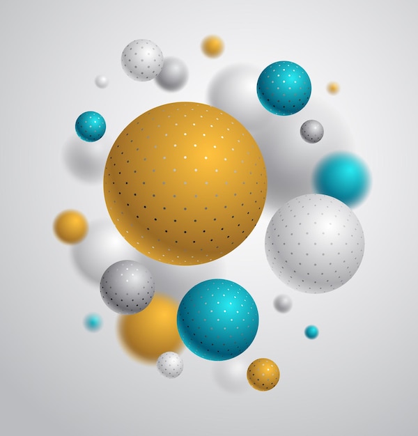 Realistas esferas punteadas ilustración vectorial fondo abstracto con hermosas bolas con puntos y profundidad de campo efecto globos 3D diseño arte conceptual