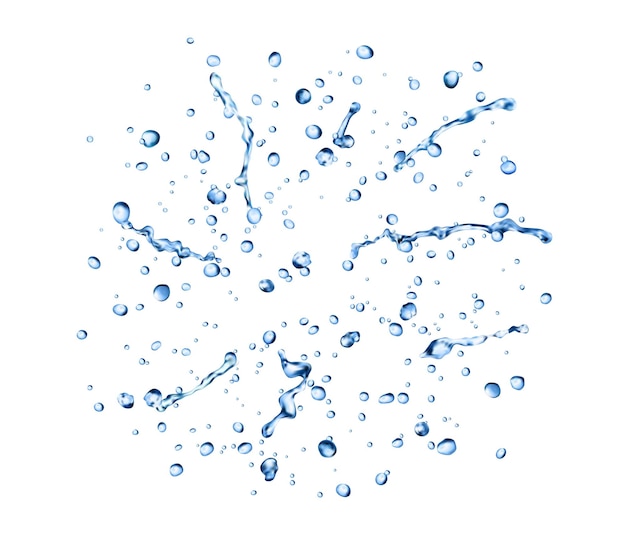 Realistas gotas de agua azul lluvia y salpicaduras realistas 3d vector pequeñas gotas translúcidas formadas cuando el agua se condensa o cae brillan se aferran crean ondas refrescantes y reflejan la luz