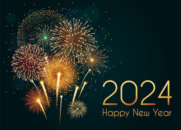 Realistico fondo de fuegos artificiales brillantes en el cielo oscuro para el año nuevo 2024