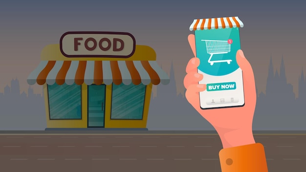 Realiza compras a través de la aplicación. Icono de carrito de compras en la tienda online. Compra de productos en línea. Manos con un primer plano de teléfono. Vector.