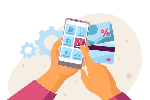 Realización de compras online con smartphone y tarjetas de crédito. Ilustración de vector plano. Dos manos sosteniendo dispositivo electrónico con aplicación de servicio para comprar productos. Comercio electrónico, concepto de tecnología moderna