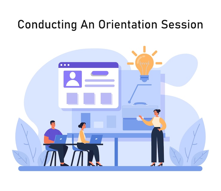 Vector realizando un concepto de sesión de orientación, un presentador aclara el proceso de incorporación con un