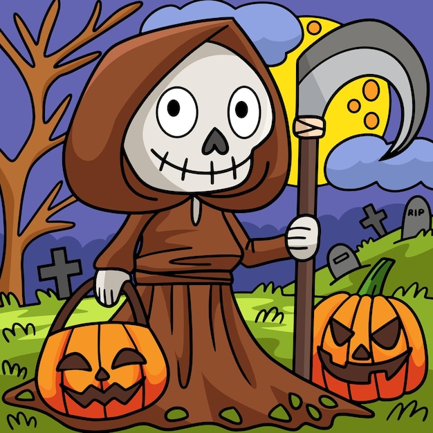 Reaper sosteniendo una guadaña de dibujos animados de colores de Halloween