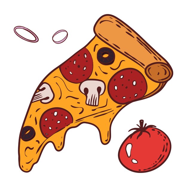 Rebanada de dibujos animados de pizza en vector e ilustración