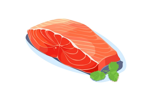 Vector rebanada de filete de salmón fresco y apetitoso con cáscara y hojas verdes vector ilustración plana generativa ai pieza de pescado rojo para cocinar comer comida de mariscos nutrición omega sirviendo con hierba aislada