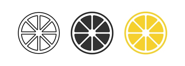 Rebanada de icono de limón Signos de cítricos Símbolo de lima Símbolos de frutas ácidas Iconos de pomelo Color naranja negro Signo vectorial